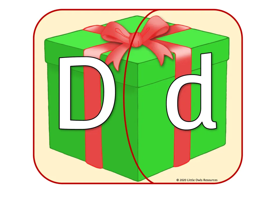 Christmas gift alphabet puzzle 4 of 26: uppercase D and lowercase d on two matching present pieces.