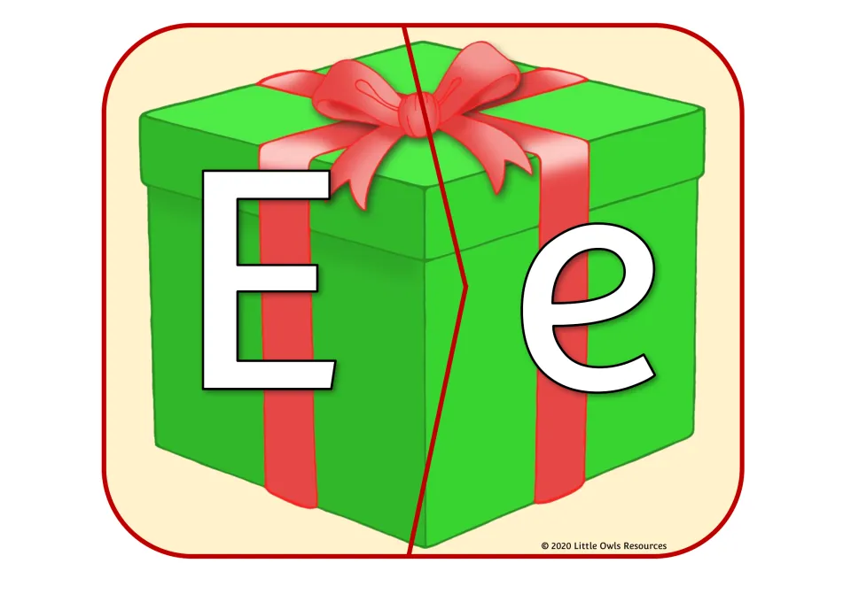 Christmas gift alphabet puzzle 5 of 26: uppercase E and lowercase e on two matching present pieces.