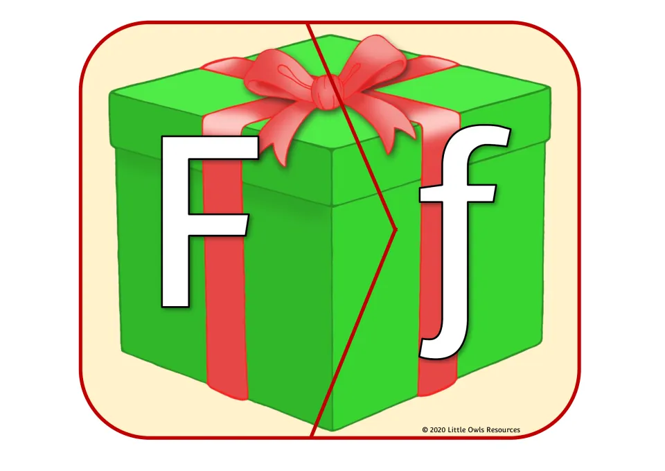 Christmas gift alphabet puzzle 6 of 26: uppercase F and lowercase f on two matching present pieces.