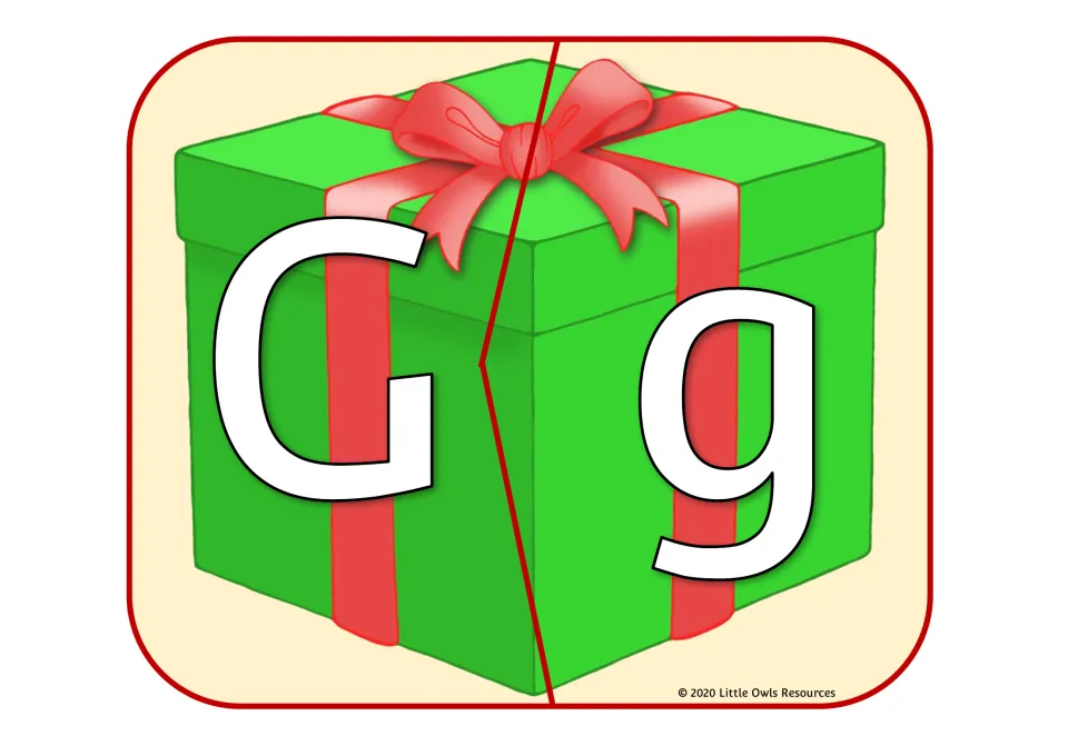 Christmas gift alphabet puzzle 7 of 26: uppercase G and lowercase g on two matching present pieces.