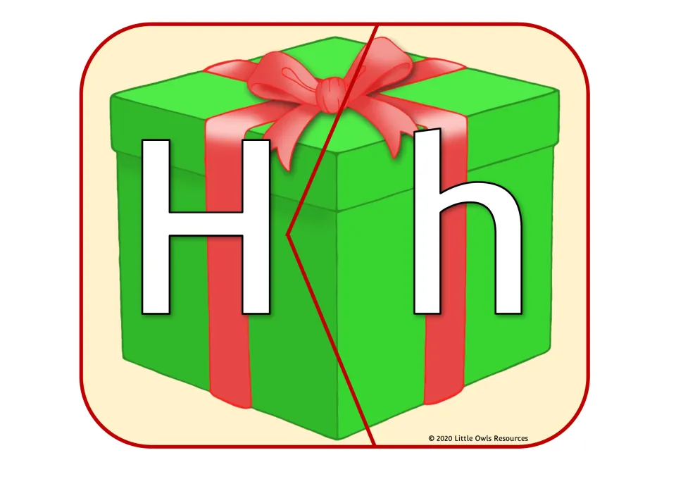 Christmas gift alphabet puzzle 8 of 26: uppercase H and lowercase h on two matching present pieces.