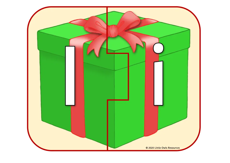 Christmas gift alphabet puzzle 9 of 26: uppercase I and lowercase i on two matching present pieces.