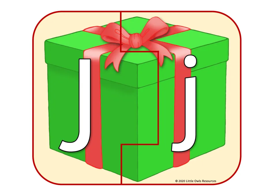 Christmas gift alphabet puzzle 10 of 26: uppercase J and lowercase j on two matching present pieces.