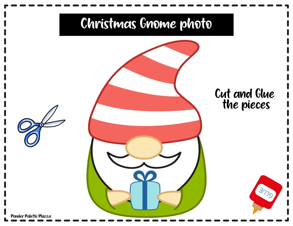 Christmas gnome assembly model showing a striped hat, nose, mustache, and gift, with 'Cut and Glue the pieces'