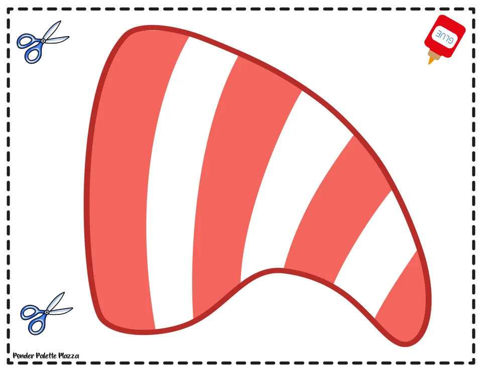 Christmas gnome hat template for cutting and gluing, featuring a curved tip and red-and-white stripes
