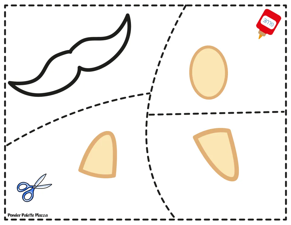 Christmas gnome detail templates for cutting and gluing: one white mustache, one oval nose, and two hands