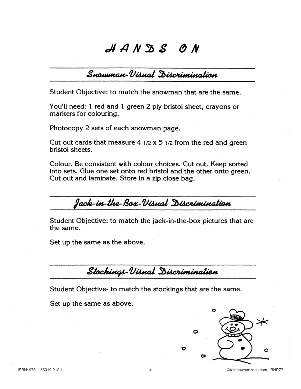 Directions for the Snowman, Jack-in-the-Box and Stockings visual discrimination matching activities