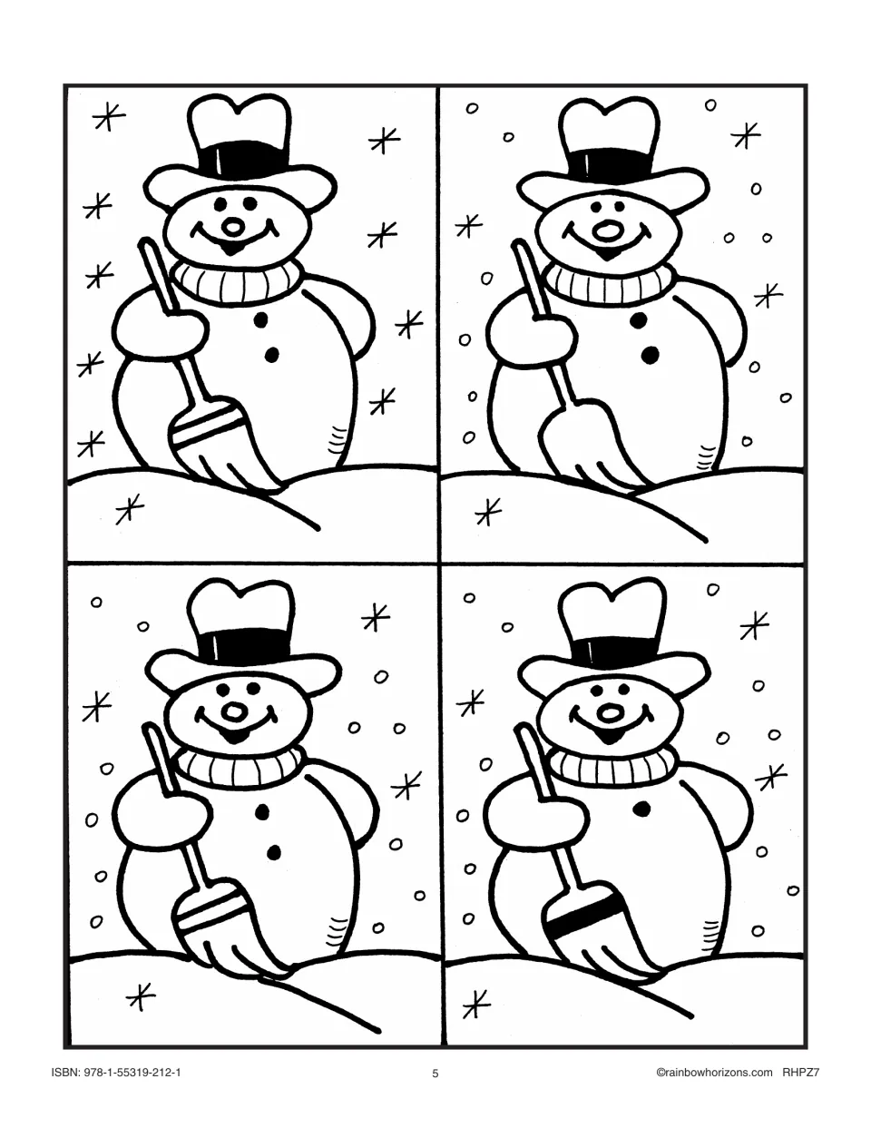 Snowman matching cards 1–4: snowmen holding brooms that differ in scarf, buttons and broom details
