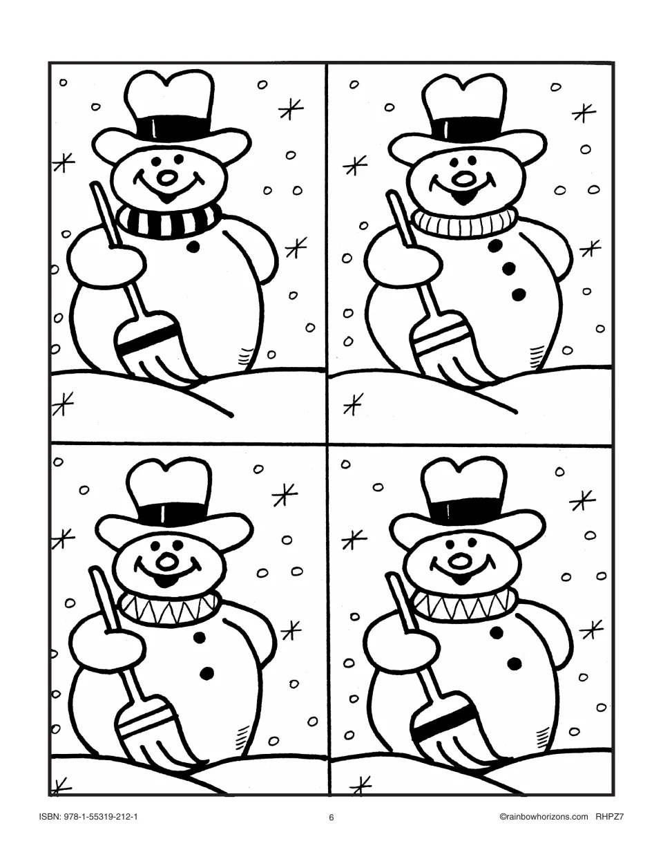 Snowman matching cards 5–8: snowmen with striped, ribbed and zigzag scarves and different button counts