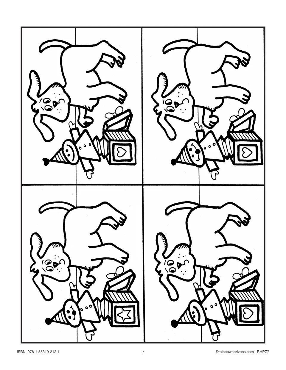 Jack-in-the-box matching cards 1–4: a dog beside a jack-in-the-box, three with heart boxes and one with a star