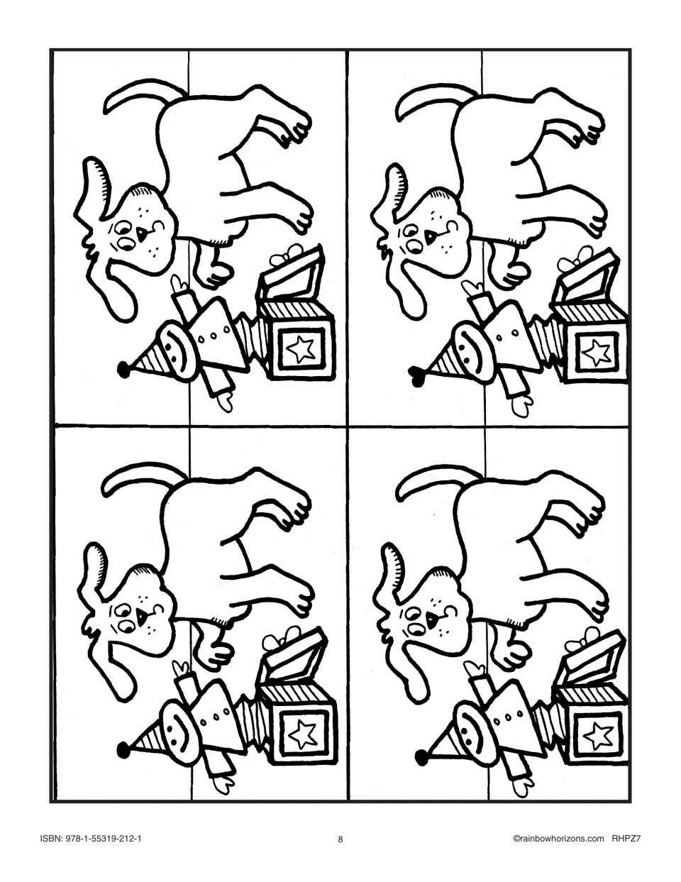 Jack-in-the-box matching cards 5–8: a dog beside a jack-in-the-box with a star on each box