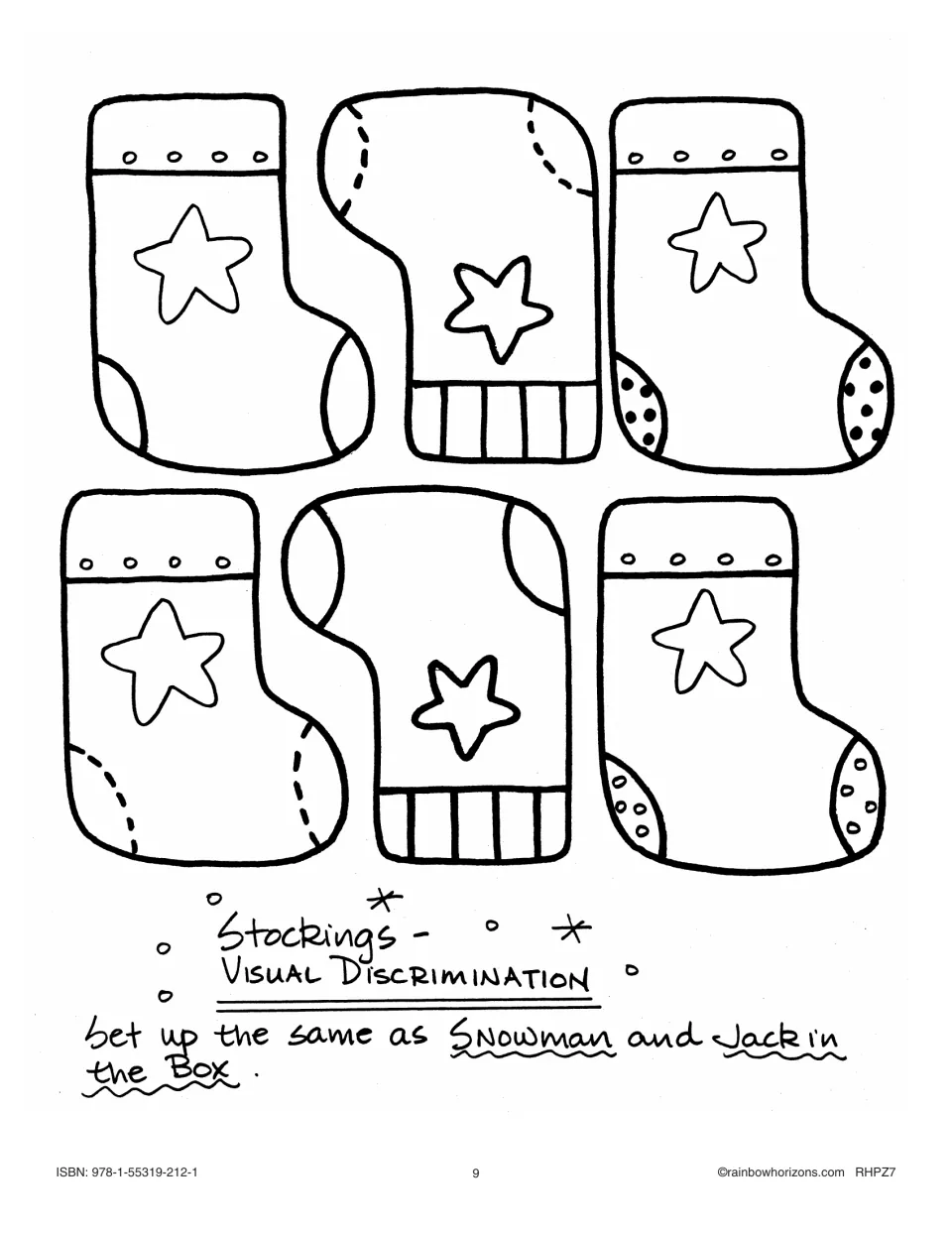 Stockings visual discrimination: six star stockings to color and match, with a note to set up like Snowman