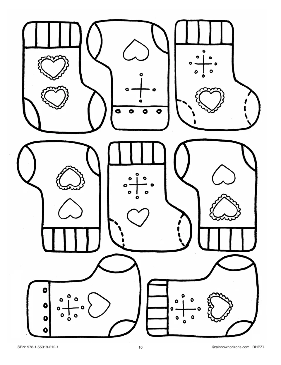 Eight more stockings for the stocking match, decorated with hearts, snowflake shapes and striped cuffs
