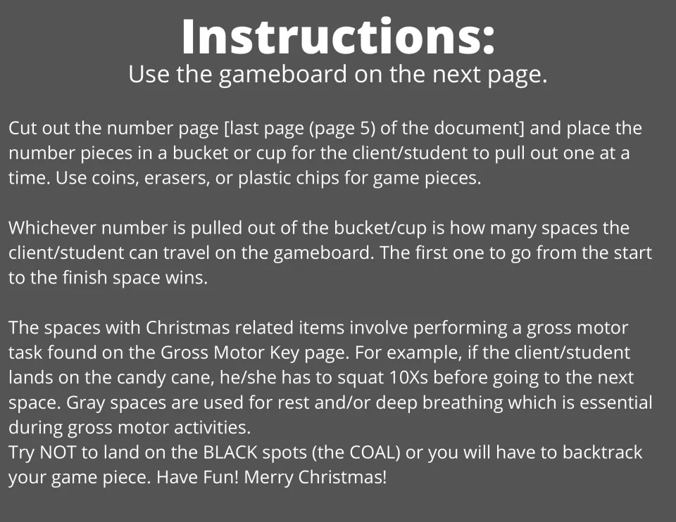 Game instructions explain drawing numbers, moving pieces, performing movements, resting, and moving backward.