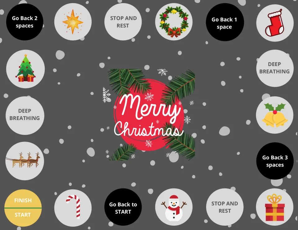 Christmas gameboard includes start and finish, movement symbols, rest, deep breathing, and go-back spaces.