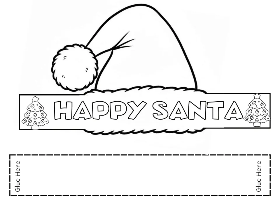 Santa hat headband: students color a hat with a pom-pom and HAPPY SANTA trim with trees, then glue on the extra band