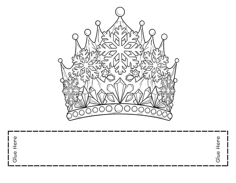 Snowflake crown headband: students color a jeweled crown with large snowflakes and crystals, then glue on the extra band