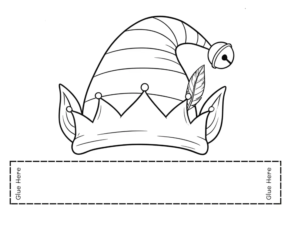 Elf hat headband: students color a striped elf hat with a jingle bell, feather and pointed ears, then glue on the band