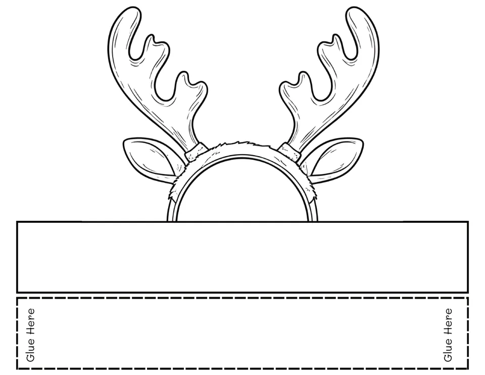 Reindeer antlers headband: students color antlers and ears on a headband above a blank band, then glue on the extra strip