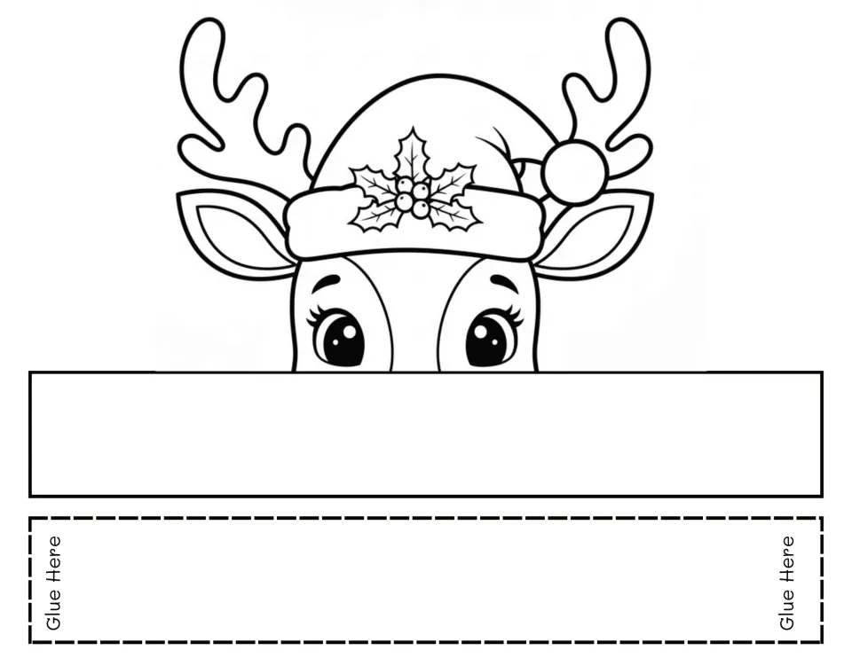 Peeking reindeer headband: students color a reindeer face in a holly Santa hat with antlers, then glue on the extra band