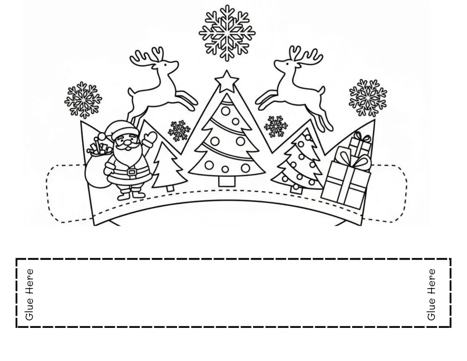 Christmas scene crown: students color Santa, leaping reindeer, trees, gifts and snowflakes, then cut out and glue