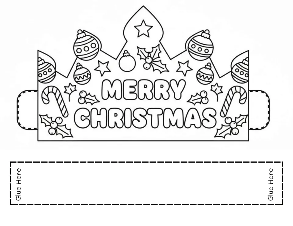 MERRY CHRISTMAS crown: students color bubble letters with ornaments, candy canes, holly and stars, then glue on the band