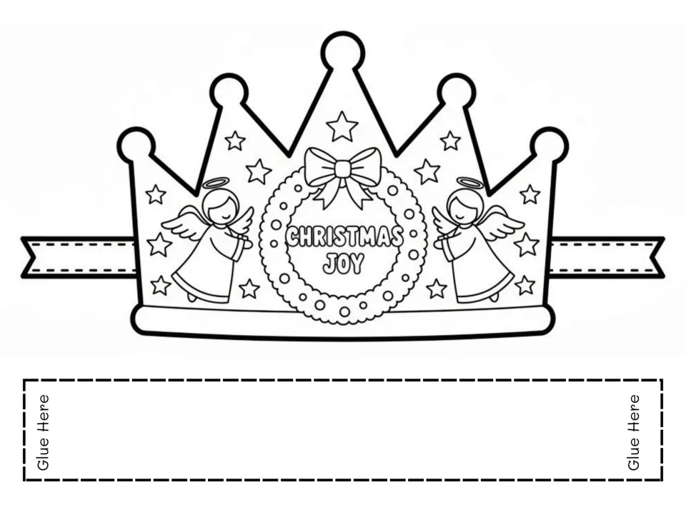 CHRISTMAS JOY crown: students color two angels, stars and a bow-topped wreath on a pointed crown, then glue on the band
