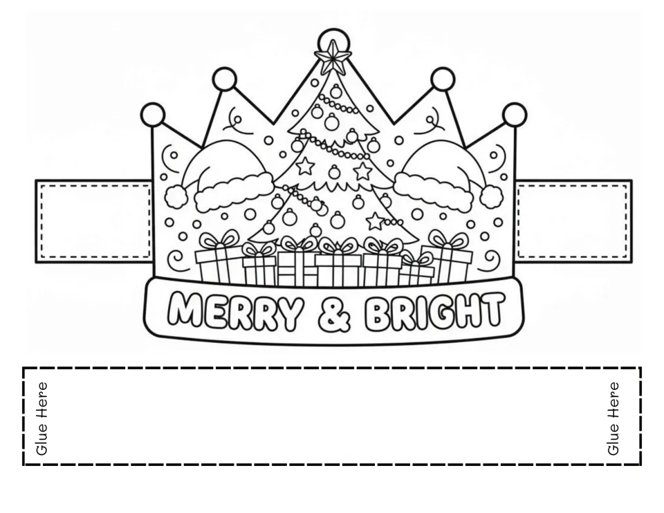 MERRY & BRIGHT crown: students color a decorated Christmas tree, gifts and Santa hats on a crown, then glue on the band