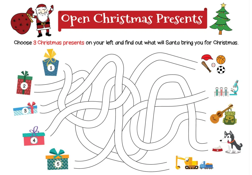 Christmas maze: choose 3 of 5 numbered presents and follow paths to sports gear, science tools, a dog, and more.