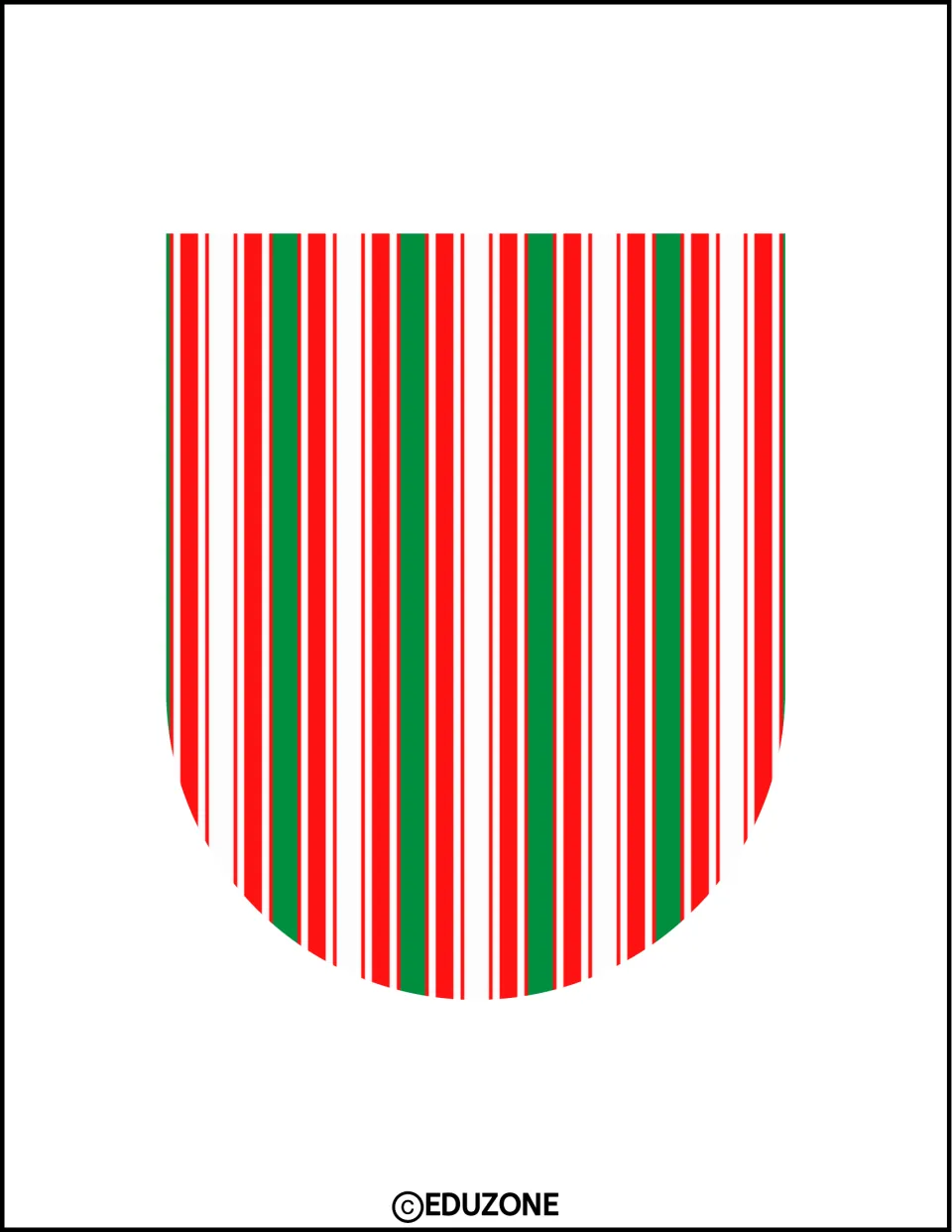 Vertical red, green and white stripe pennant on a rounded-bottom shape, printed for cutting out as Christmas room decor