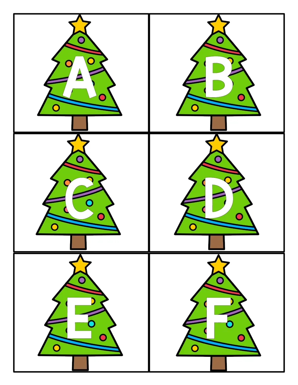 Christmas tree alphabet cards A, B, C, D, E, and F begin the uppercase set for letter games and centers.