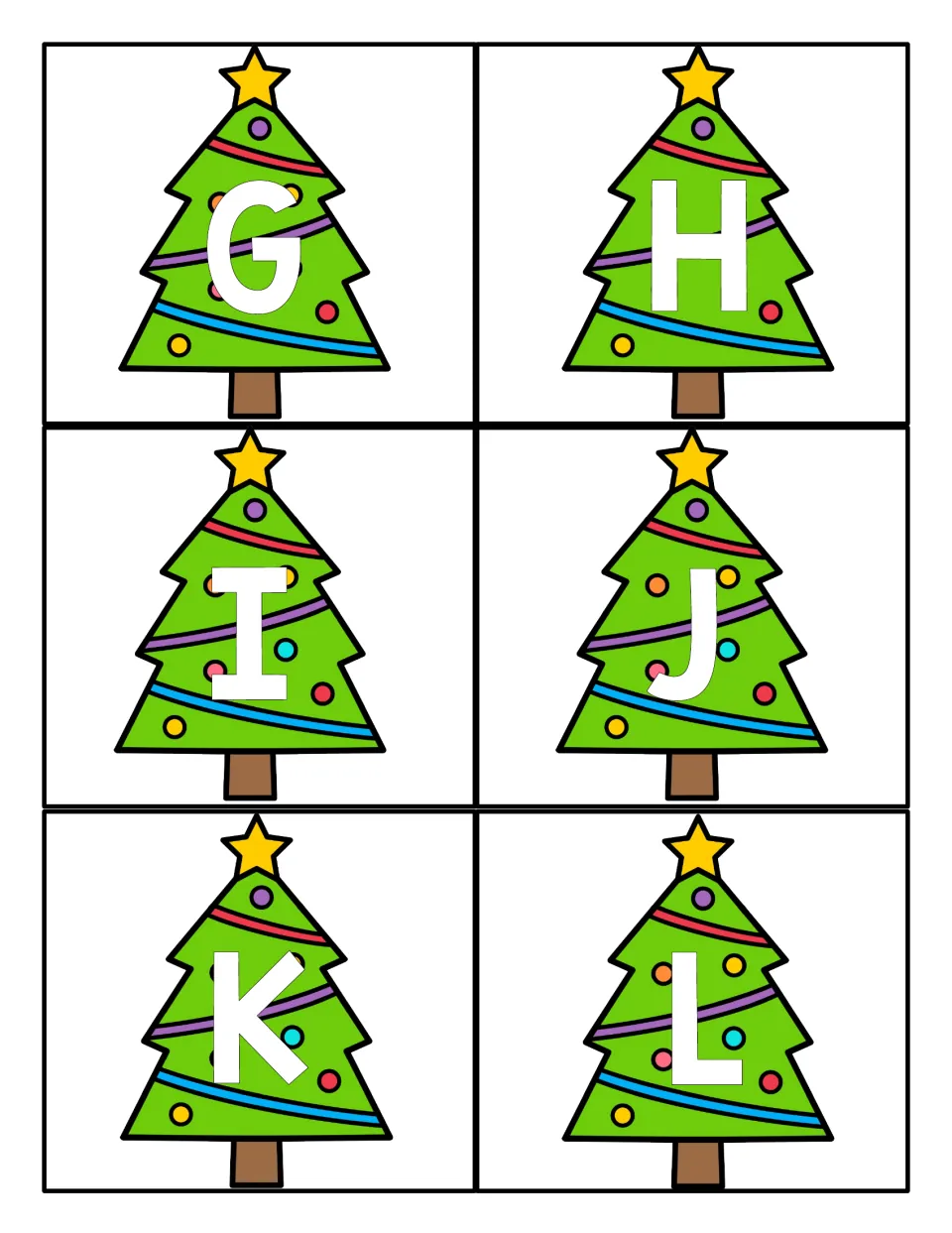 Christmas tree alphabet cards G, H, I, J, K, and L continue the uppercase set for games and centers.