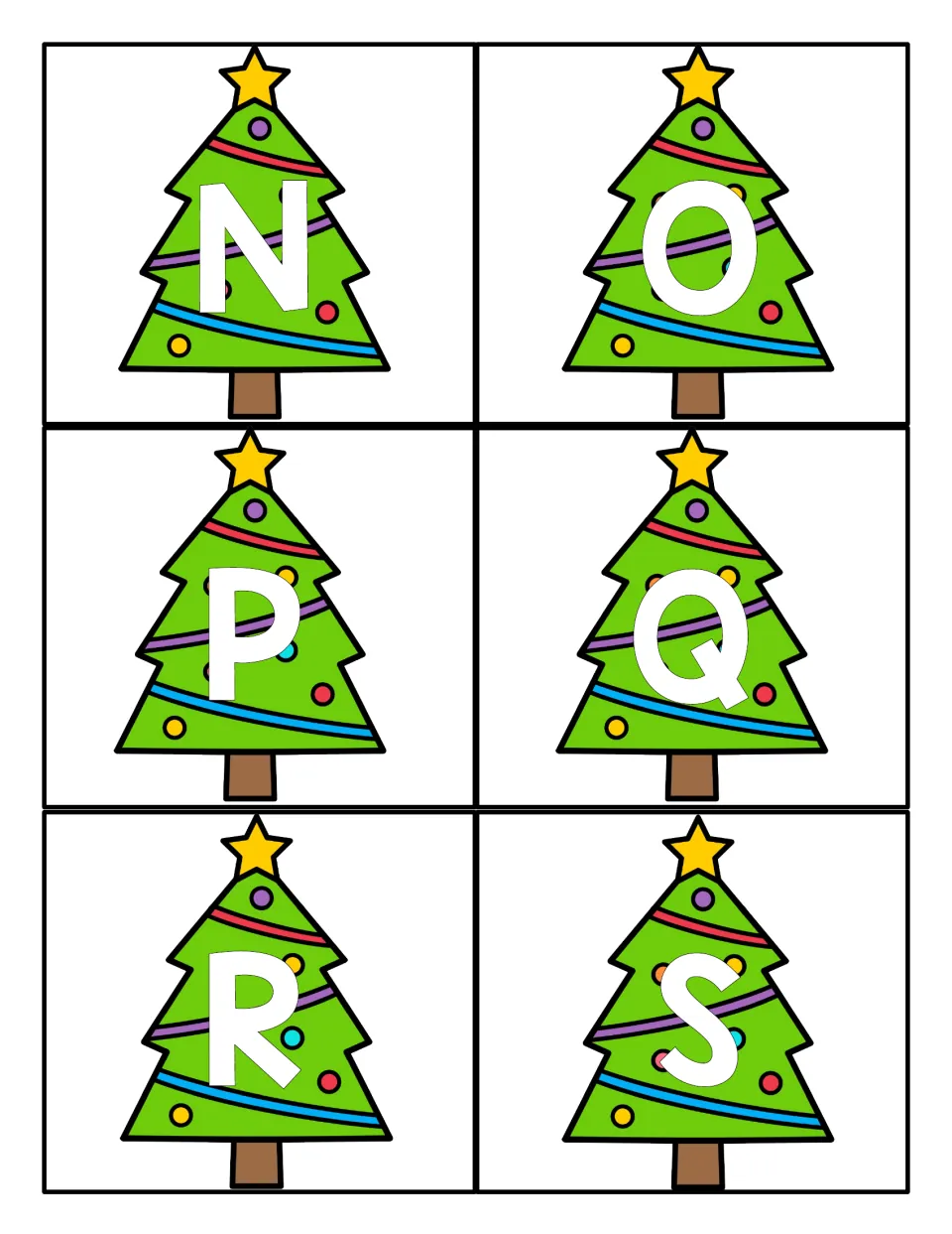 Christmas tree alphabet cards N, O, P, Q, R, and S continue the uppercase set for games and centers.
