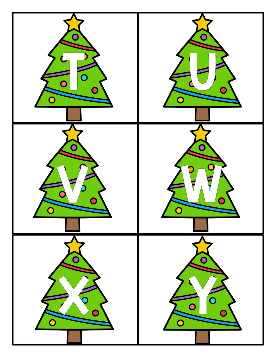 Christmas tree alphabet cards T, U, V, W, X, and Y continue the uppercase set for games and centers.