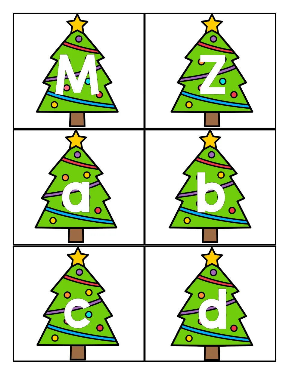 Christmas tree alphabet cards include uppercase M and Z and lowercase a, b, c, and d for letter games.