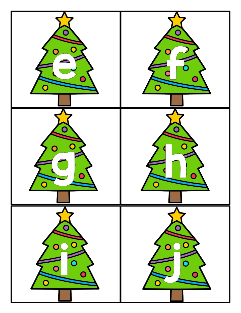 Christmas tree alphabet cards e, f, g, h, i, and j continue the lowercase set for games and centers.