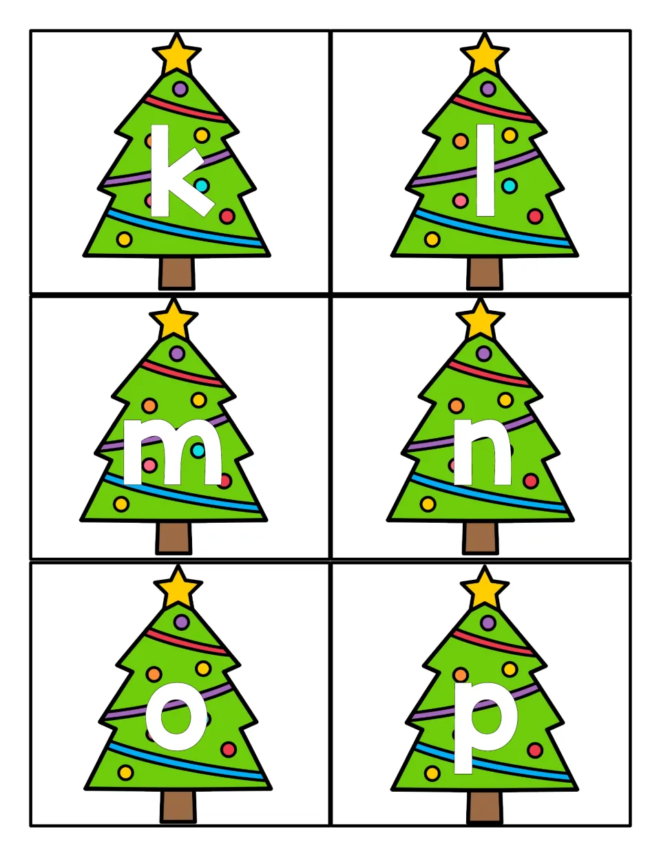 Christmas tree alphabet cards k, l, m, n, o, and p continue the lowercase set for games and centers.