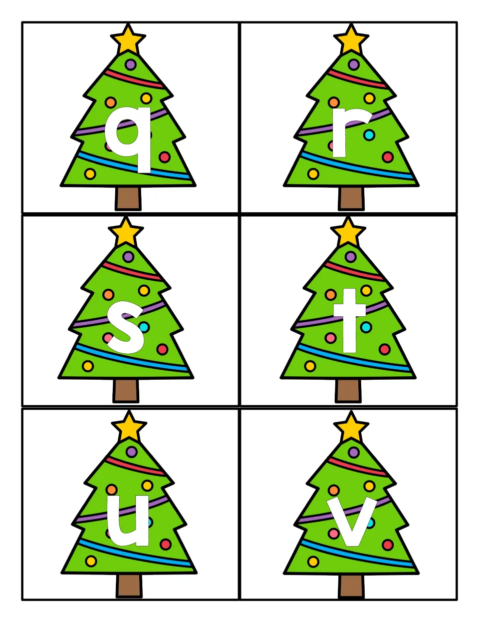 Christmas tree alphabet cards q, r, s, t, u, and v continue the lowercase set for games and centers.