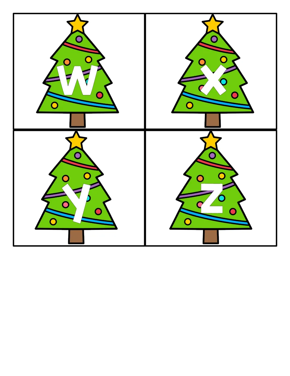 Christmas tree alphabet cards w, x, y, and z complete the lowercase set with four cards for letter games.