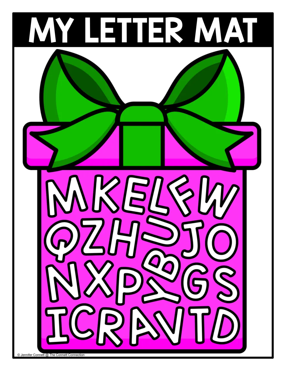 My Letter Mat: uppercase letters A to Z scattered on a pink gift with a green bow for students to seek and find