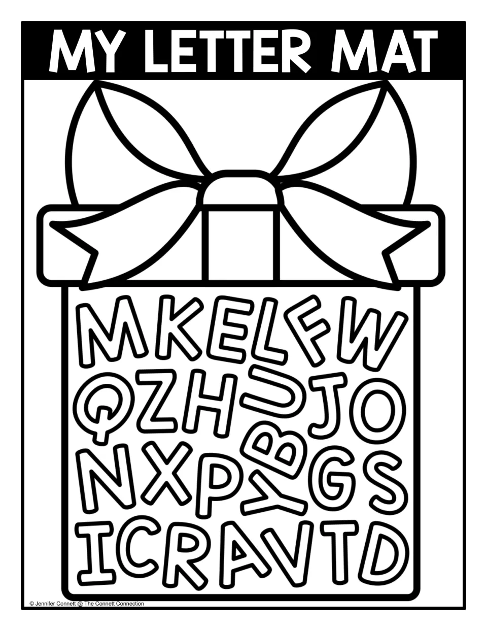 My Letter Mat in black and white: the same uppercase A to Z jumble inside an outlined gift for finding letters