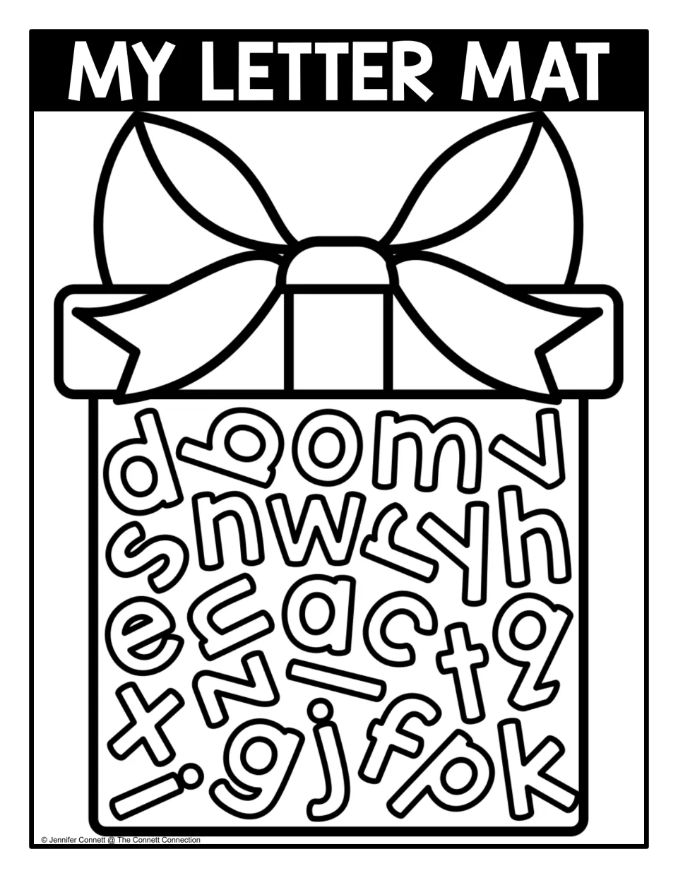 Black-and-white lowercase letter mat with rotated letters inside an outlined present for letter finding
