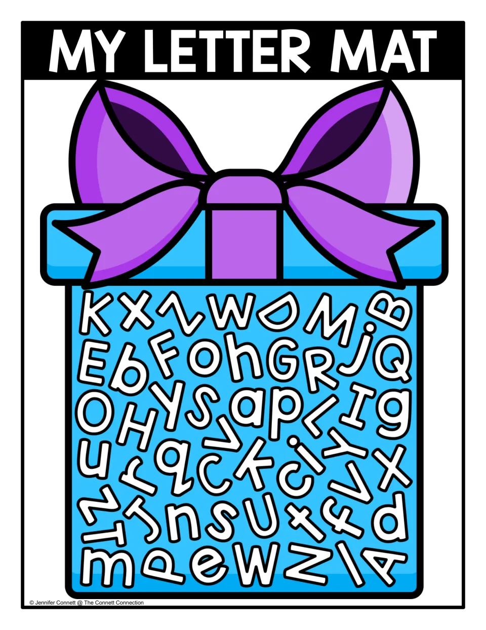 Mixed-case letter mat: uppercase and lowercase letters crowded on a blue gift with a purple bow to search through