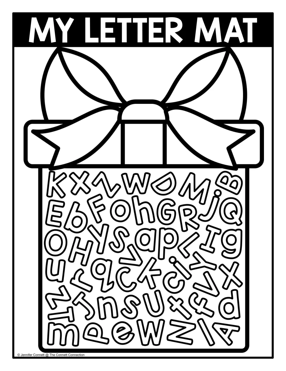 Mixed uppercase and lowercase letter mat in black and white, letters packed inside an outlined gift for searching