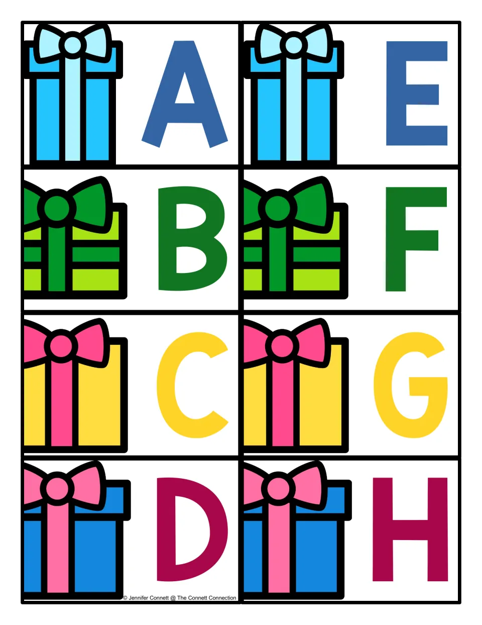 Uppercase letter cards A to H, each card pairing a colorful wrapped present with one large letter to find on a mat