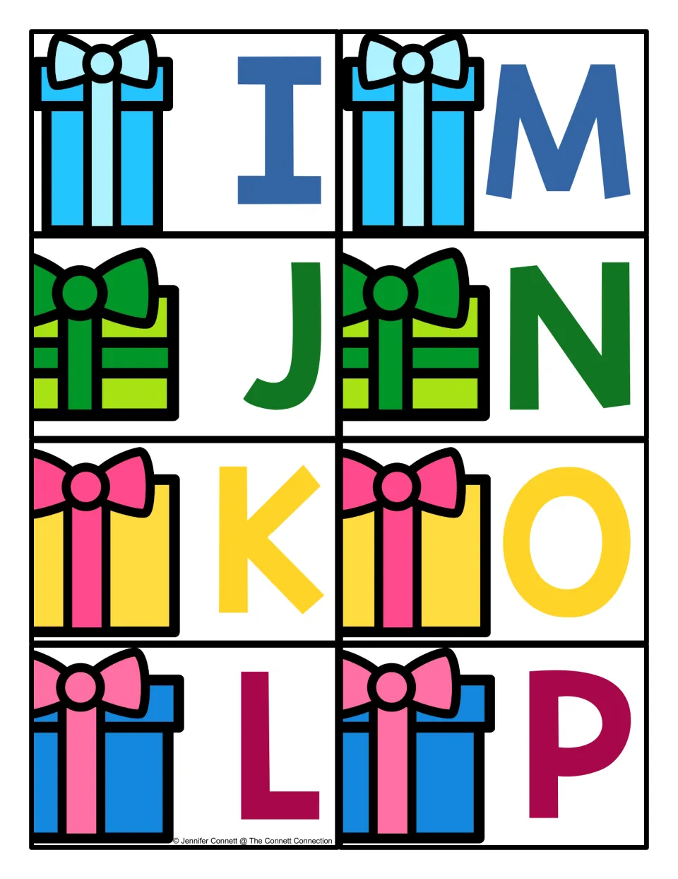 Letter cards I through P with a wrapped gift beside each big capital letter, used to call letters for the mats