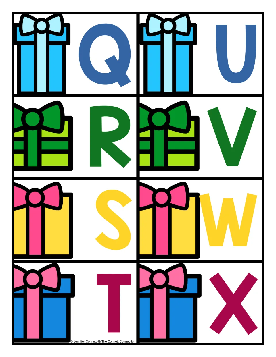Present letter cards for Q, R, S, T, U, V, W and X, one bold capital letter beside a bright gift on every card
