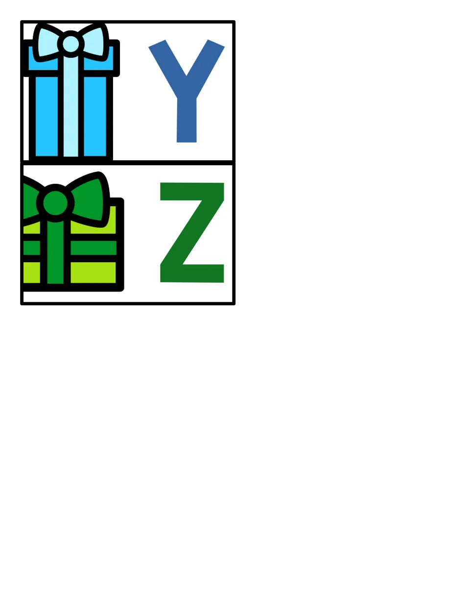 Final two letter cards, Y beside a light blue gift and Z beside a green gift, completing the A to Z card set