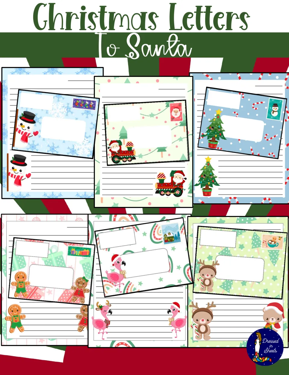 Christmas Letters to Santa cover showing six decorated letter pages with snowman, Santa train, gingerbread and bear art