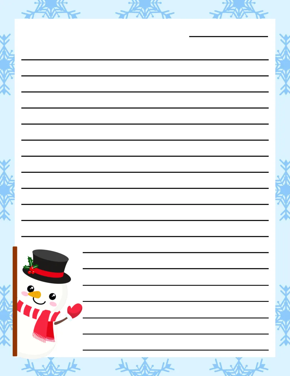 Snowflake stationery with a waving snowman: open letter paper with a date spot for students to write freely to Santa